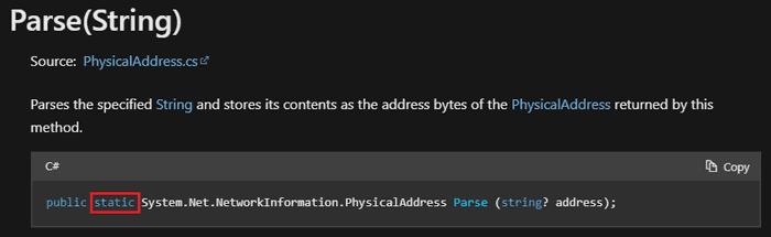 Microsoft documentation showing Parse as a static method