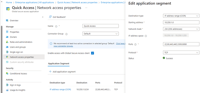 quick access - network access properties